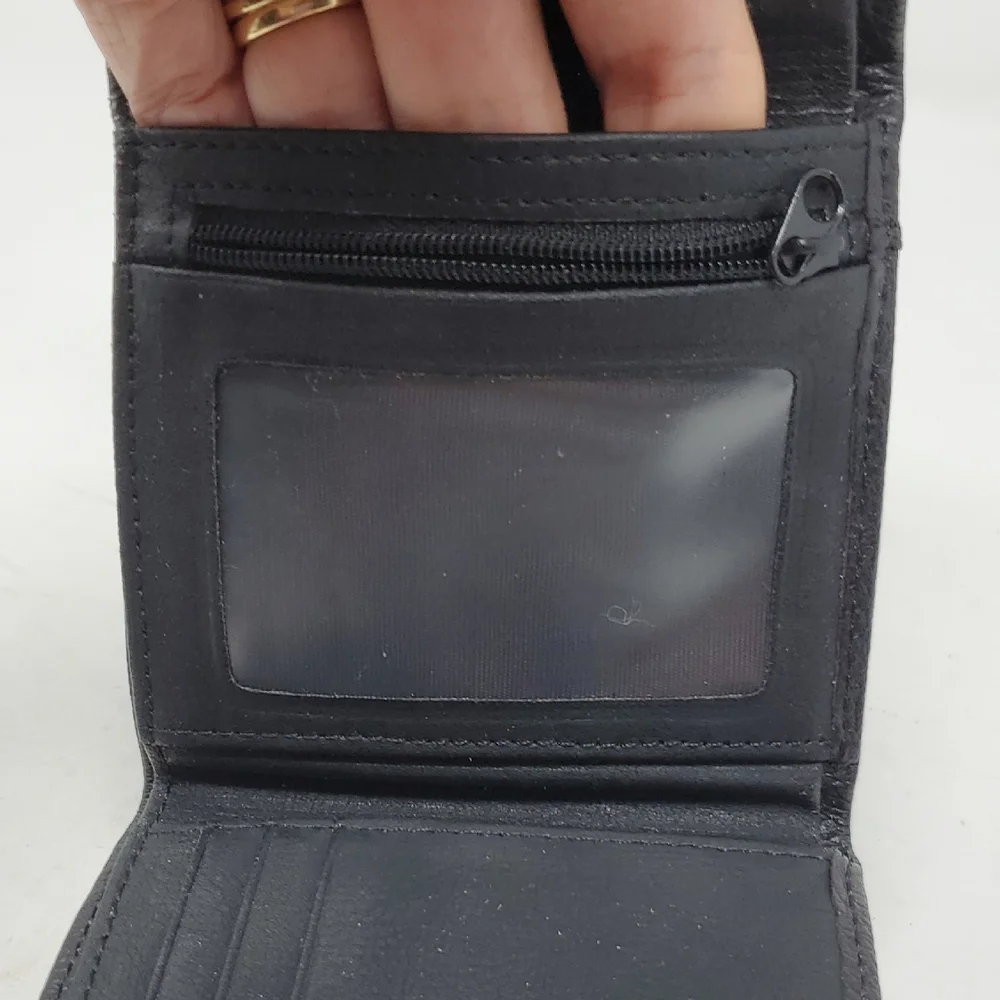 Black Leather Tri-fold Wallet With Cross Embrossed On Front